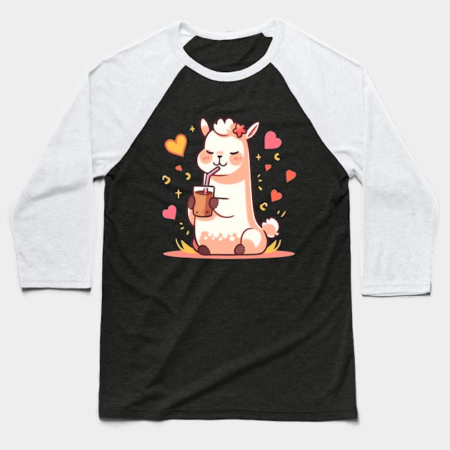 Caffeinated Love Affair: Kawaii Llama Sips Iced Coffee Baseball T-Shirt by SnuggleNook